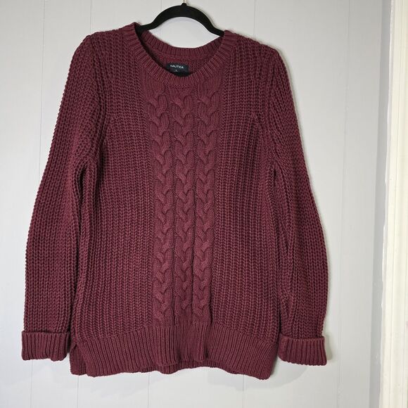 Nautica Sweater Womens Red Large Cable Knit Crew Neck Cotton Pullover Fisherman - Picture 1 of 4
